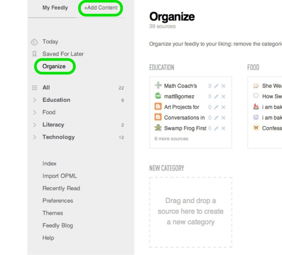 Then you'll be able to add content and organize your content into categories. Just search the name of a blog you like when you click the add content tab. Then you'll be able to preview it and add it.