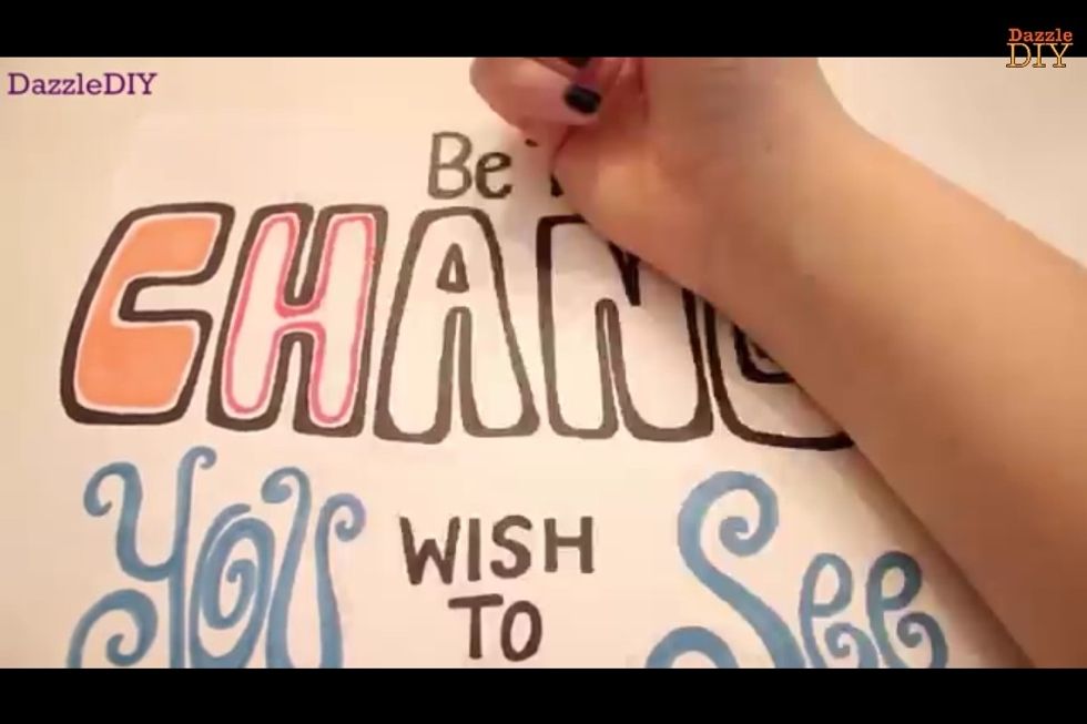 then you put YOU and SEE next to wish to in blue colour. And you colour CHANGE in but leave a white line on the outside of the letters