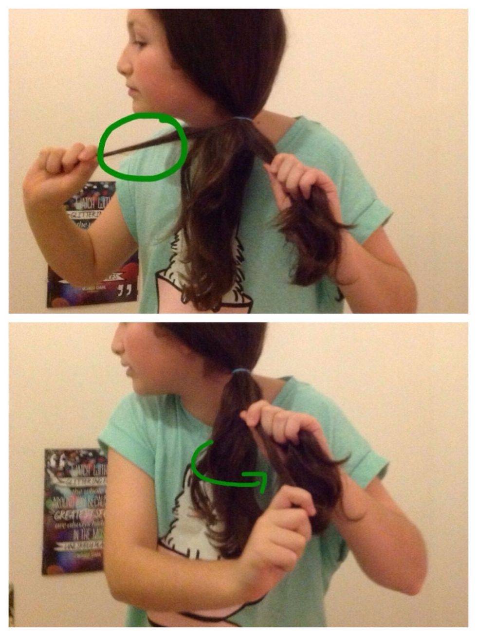 Then you're going to do the same thing with your hair except on section 2. So you will get a strand of your hair from section 2 and bring it all the way over to section 1. Then pull together.