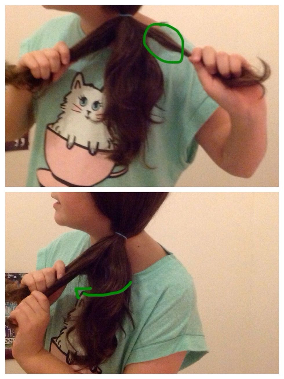 Then you're going to get a strand of hair from section 1, and bring it all the way to section 2 and join together.