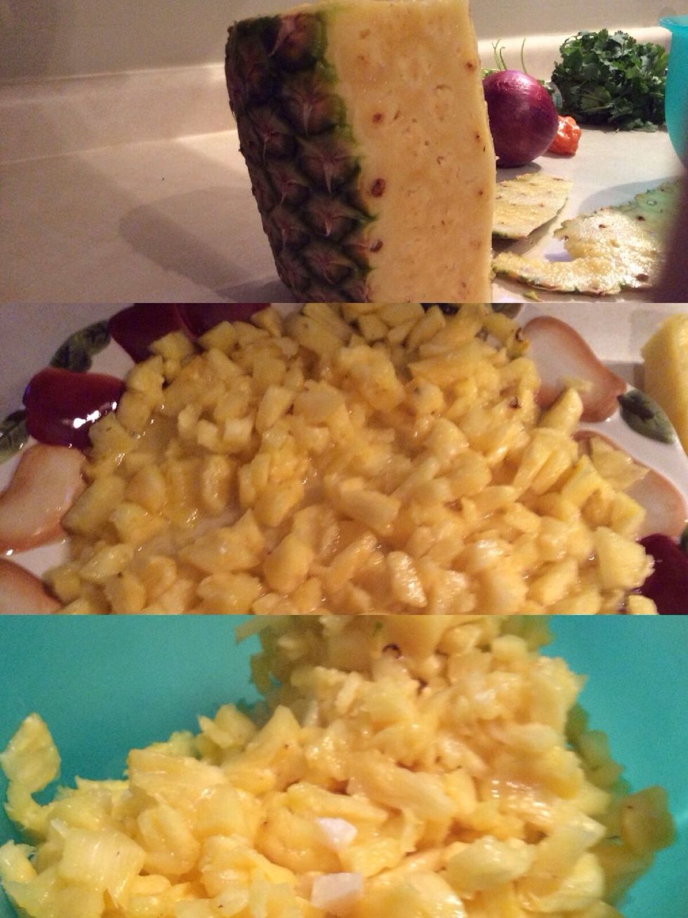Then, you slice off the skin of the pineapple, cut it up in tiny chunks and put it in the bowl you put the jicama in.