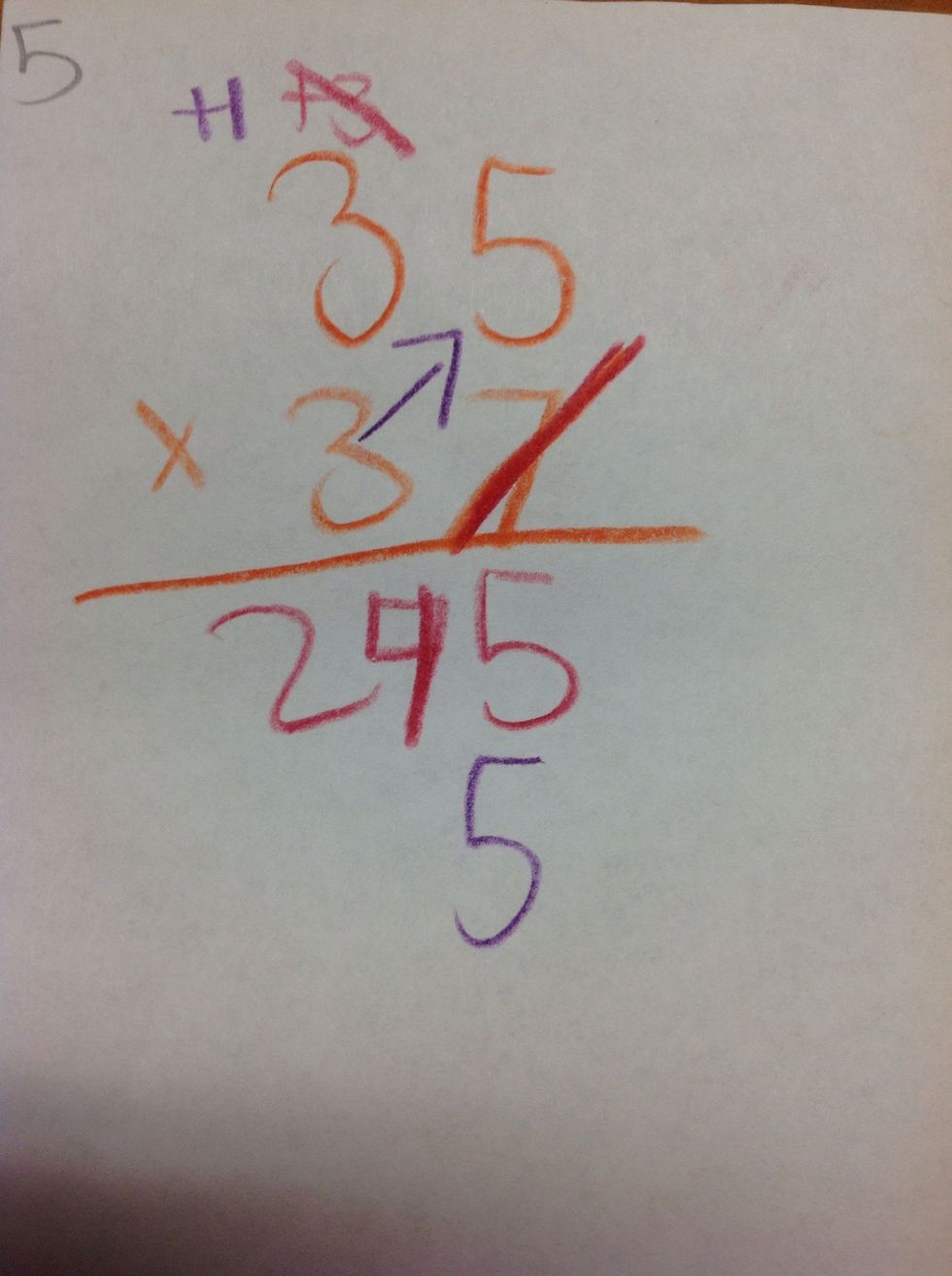 Then, you use the 3 in the tens instead of using the 7 in the ones place. 3x5=15,so I put my 5 under the 5 in the ones place and carry the 1.