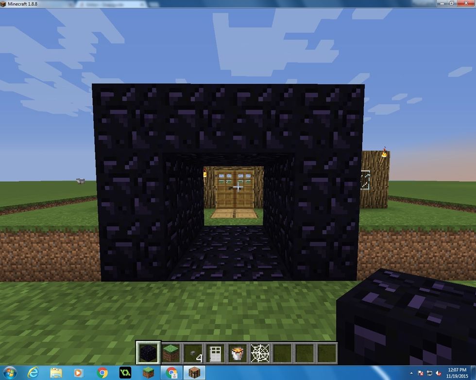 Then you want to cover it like a shelter, build it three blocks up so there is room for the two Iron Doors. On each side leave it open.