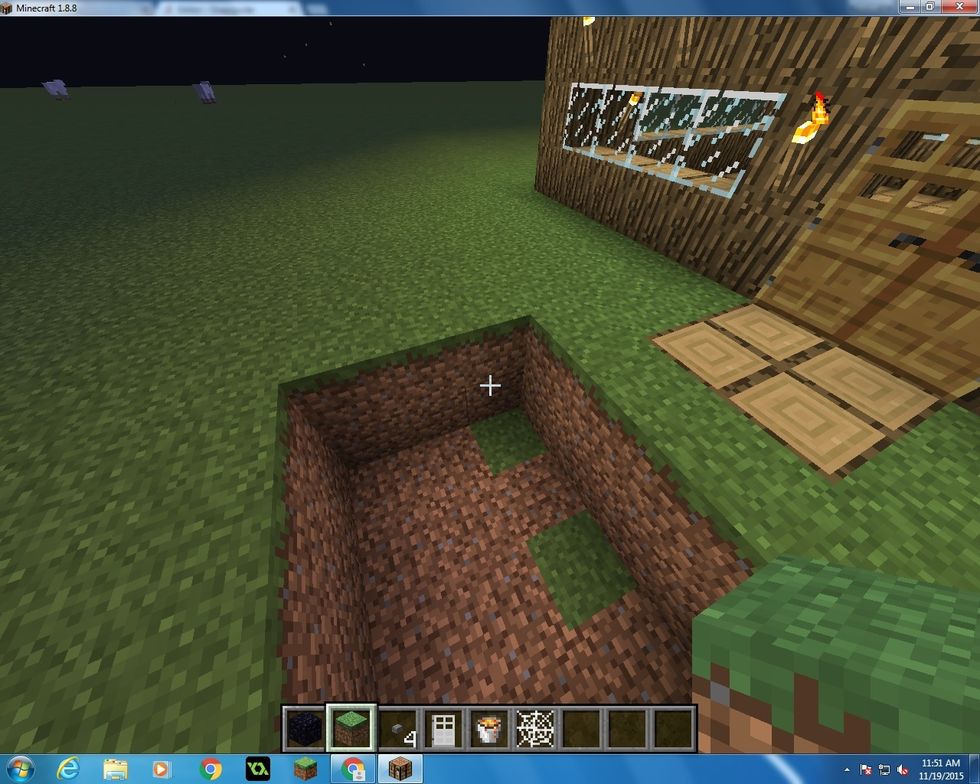 Then you want to dig a hole three blocks away from the door, that is three blocks deep and two blocks down.