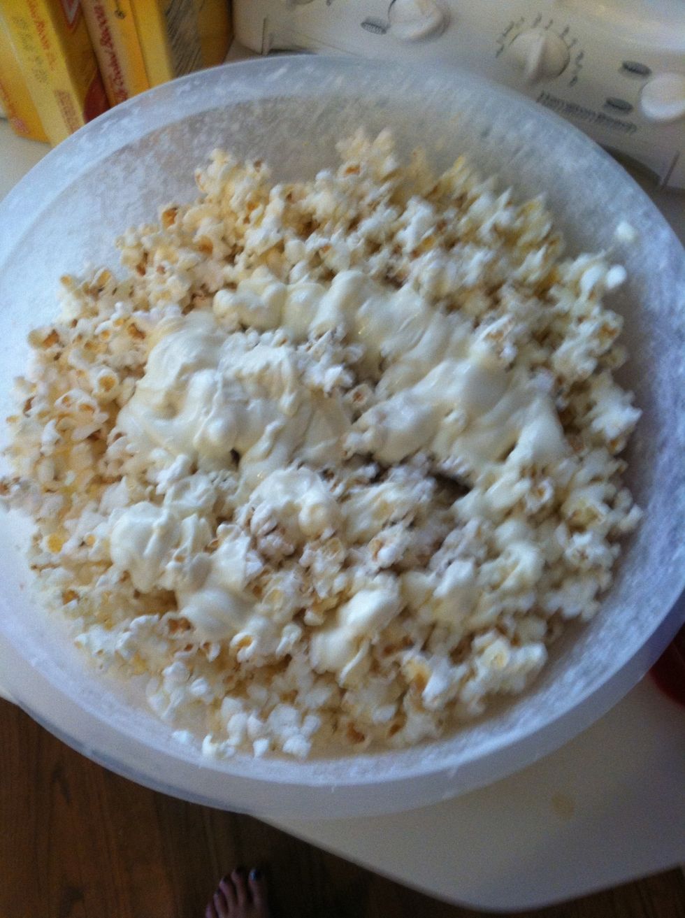 Then you want to put the cap on and shake the popcorn. If it needs more chocolate just repeat steps 5&6 until u get the desired amount. Remember it is easier to add more chocolate then to take away!