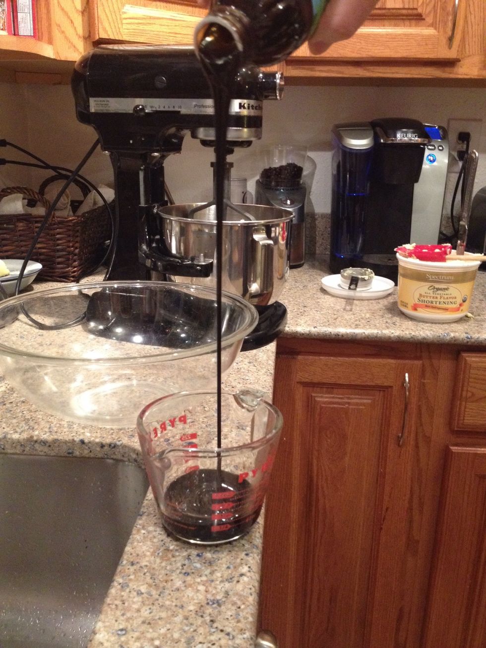 Then you will add your 1 1/2 cups of molasses to that bowl as well.