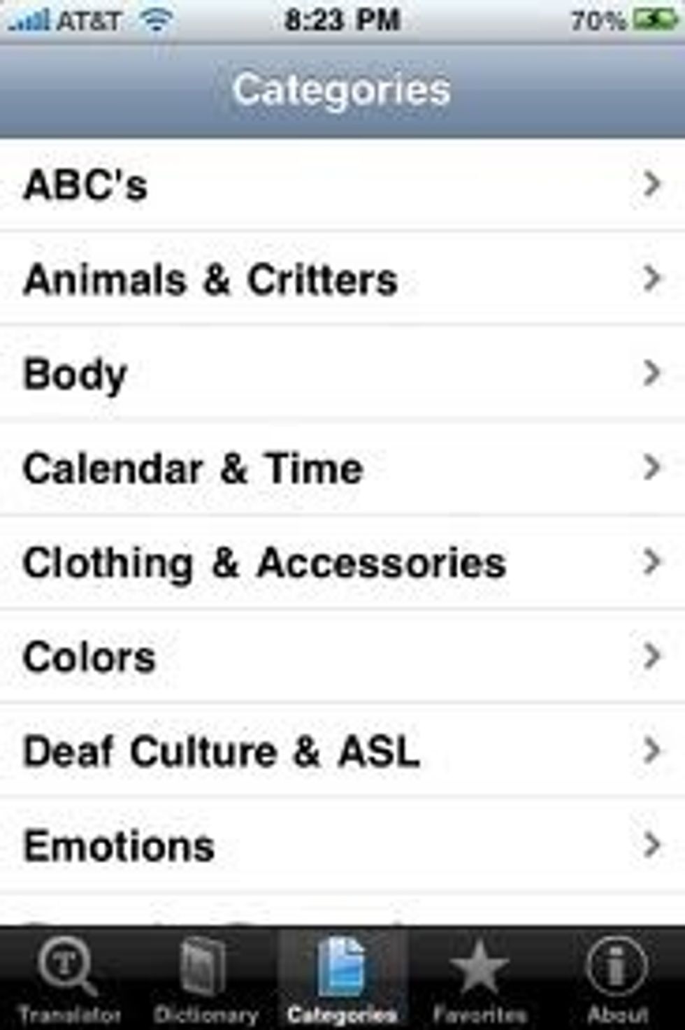 There are a number of ways to look up words or phrases in the app. One way is to find them by categories as you see in this image.