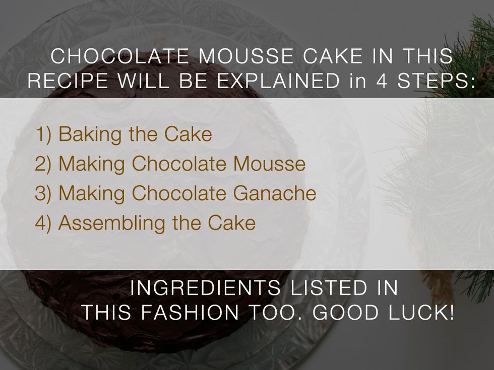 There are four steps to this recipe:(1) Baking the Cake (2) Chocolate Mousse (3) Chocolate Ganache (icing) and (4) Assembling the Cake