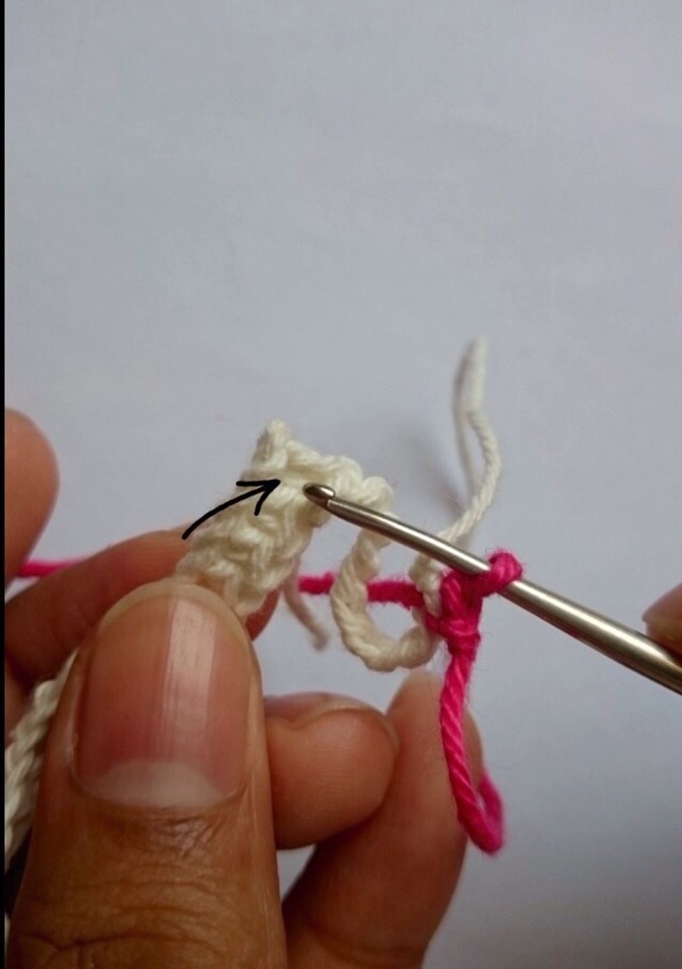 There are small holes between each single crochets.Insert the hook in the first hole.