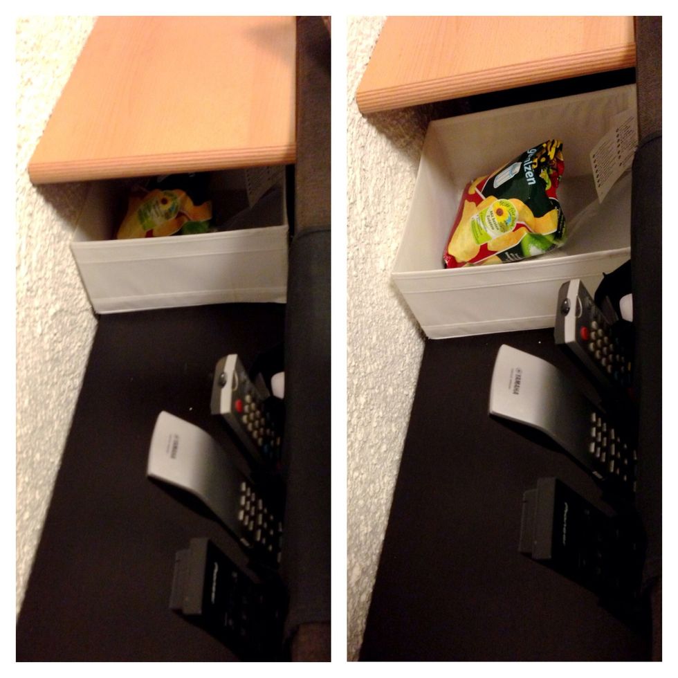 There are two hidden spaces underneath the top shelves now. A bigger one for snacks...