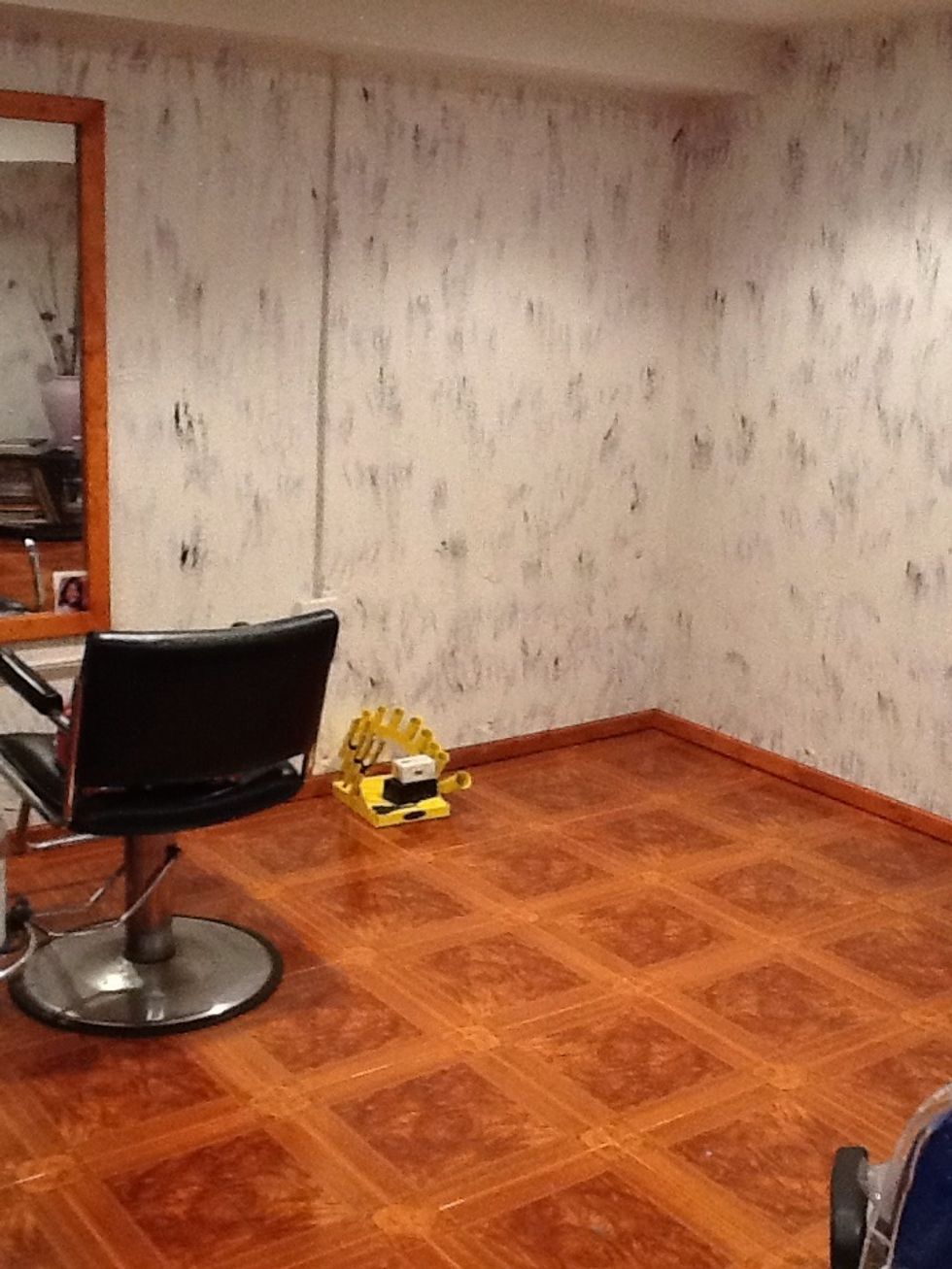 There it is.. My salon. Concrete walls and floors transformed. Chair found in a dumpster dive. Beauty school in your area? Their dumpsters are the BEST! Iron rack, eBay $45 w/10 irons. Reg. $400+