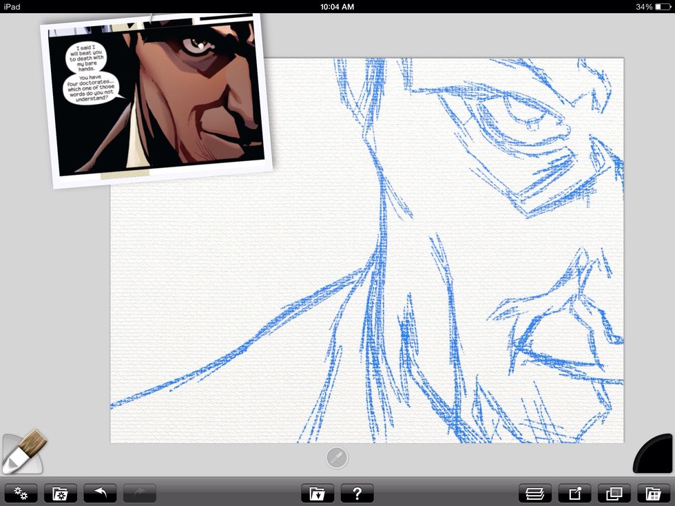 There's my reference (art by Sara Pichelli) and my blue sketch. The trick is to get this down quickly. I generally measure proportions but this one I eyeballed.