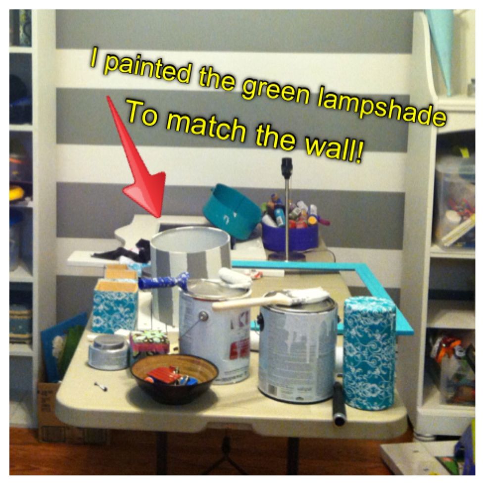 There's the green lamp I painted to match the wall. I'm a huge fan of working with what you already have!!! "Repurpose" is one of my favorite words!!!