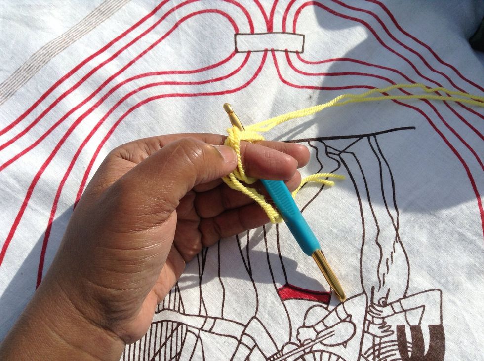 There should be an x across the top of your fingers. Insert your hook between your two fingers, under the strand of yarn that ends down your palm and pull up a loop from the working strand of yarn.