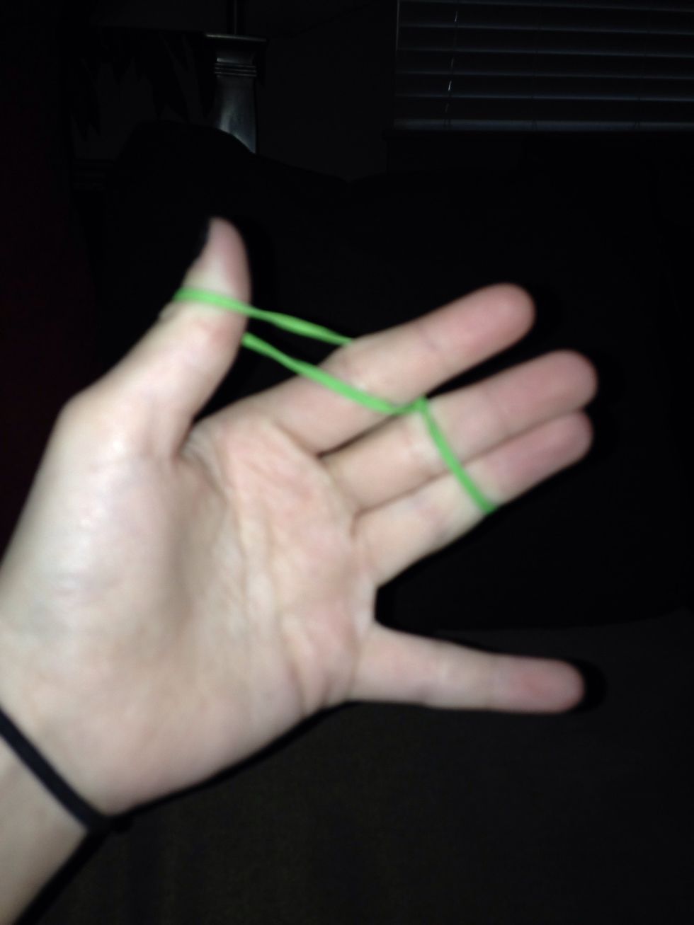 There should be two rubber band sides in front of your pointer finger. Take your pointer finger and cross it over the first side and under the second side