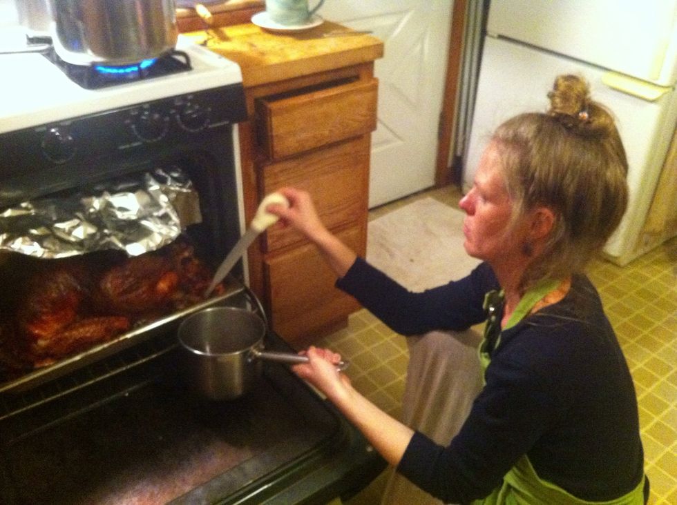 There was so much liquid we had to bail out the pan before we could lift it out of the oven.