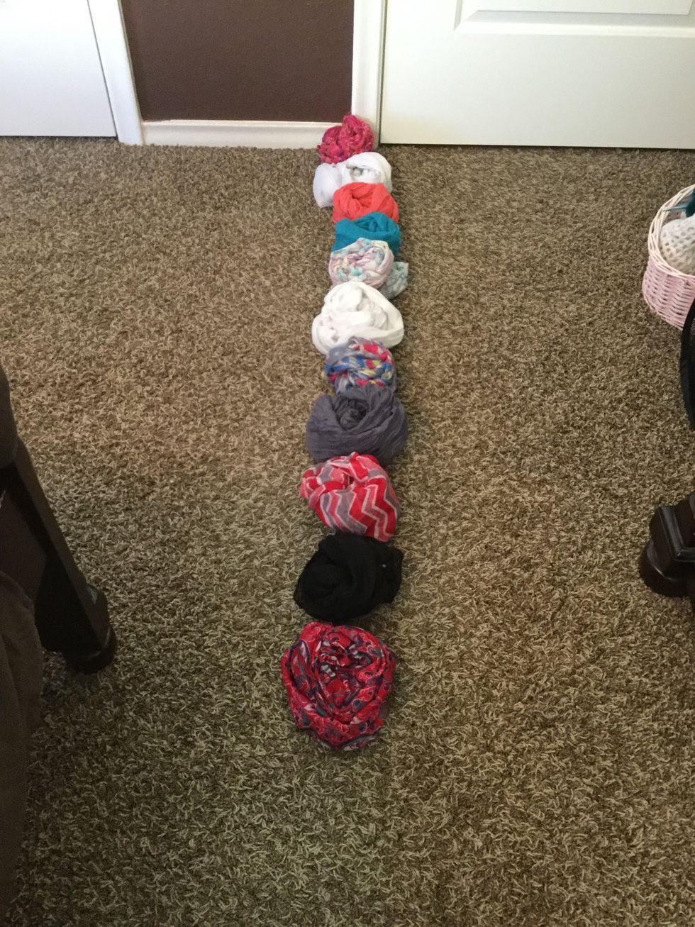 There we go. I tried to do a patterned scarf, then a solid one. Then a patterned one, then a solid one, etc. But you can do it however you want!\ud83d\ude04