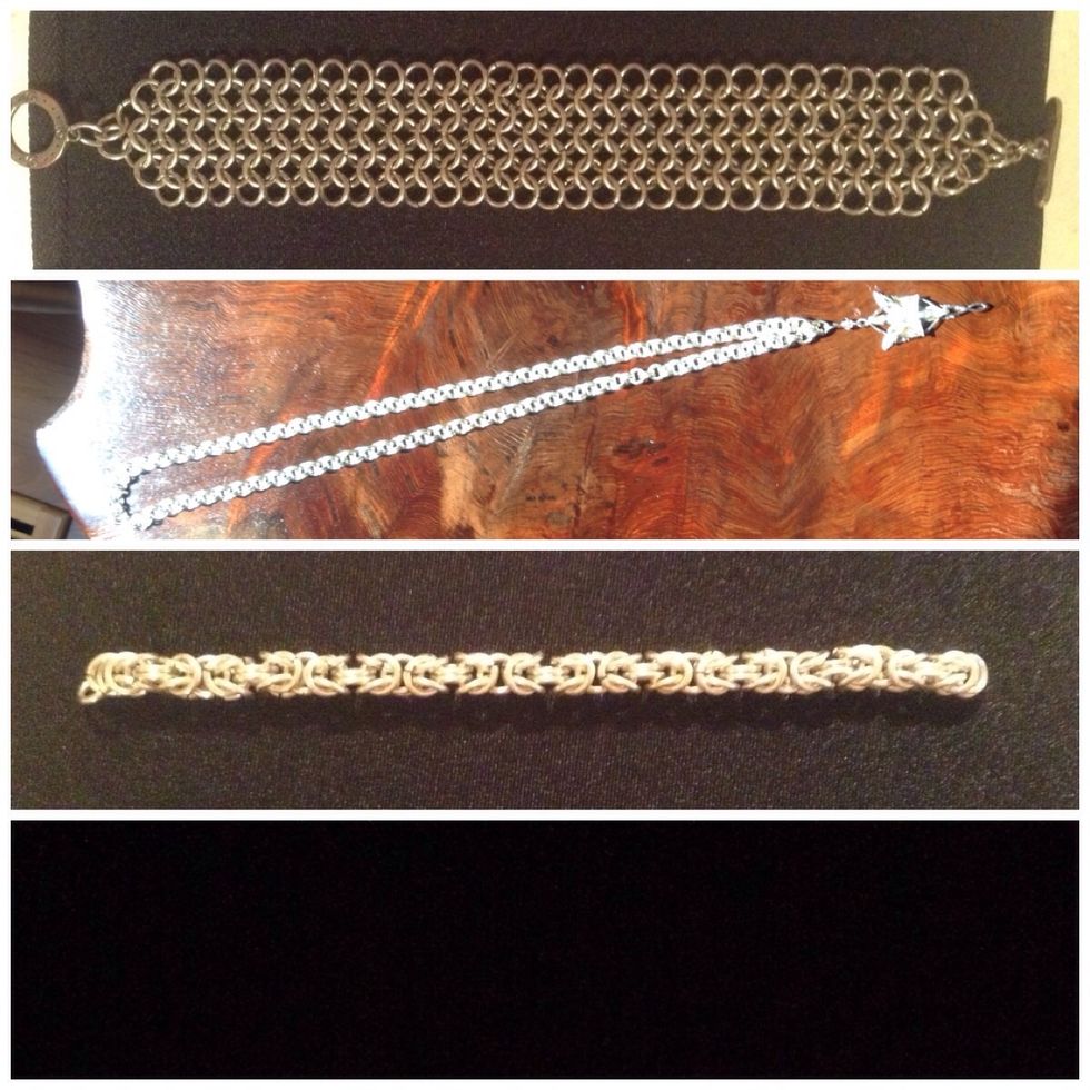 These are a few examples of what one can do with there finished product. The top picture is a 4 in 1 European weave. The middle one is a 2 by 2 chain and the last is the Byzantine weave.