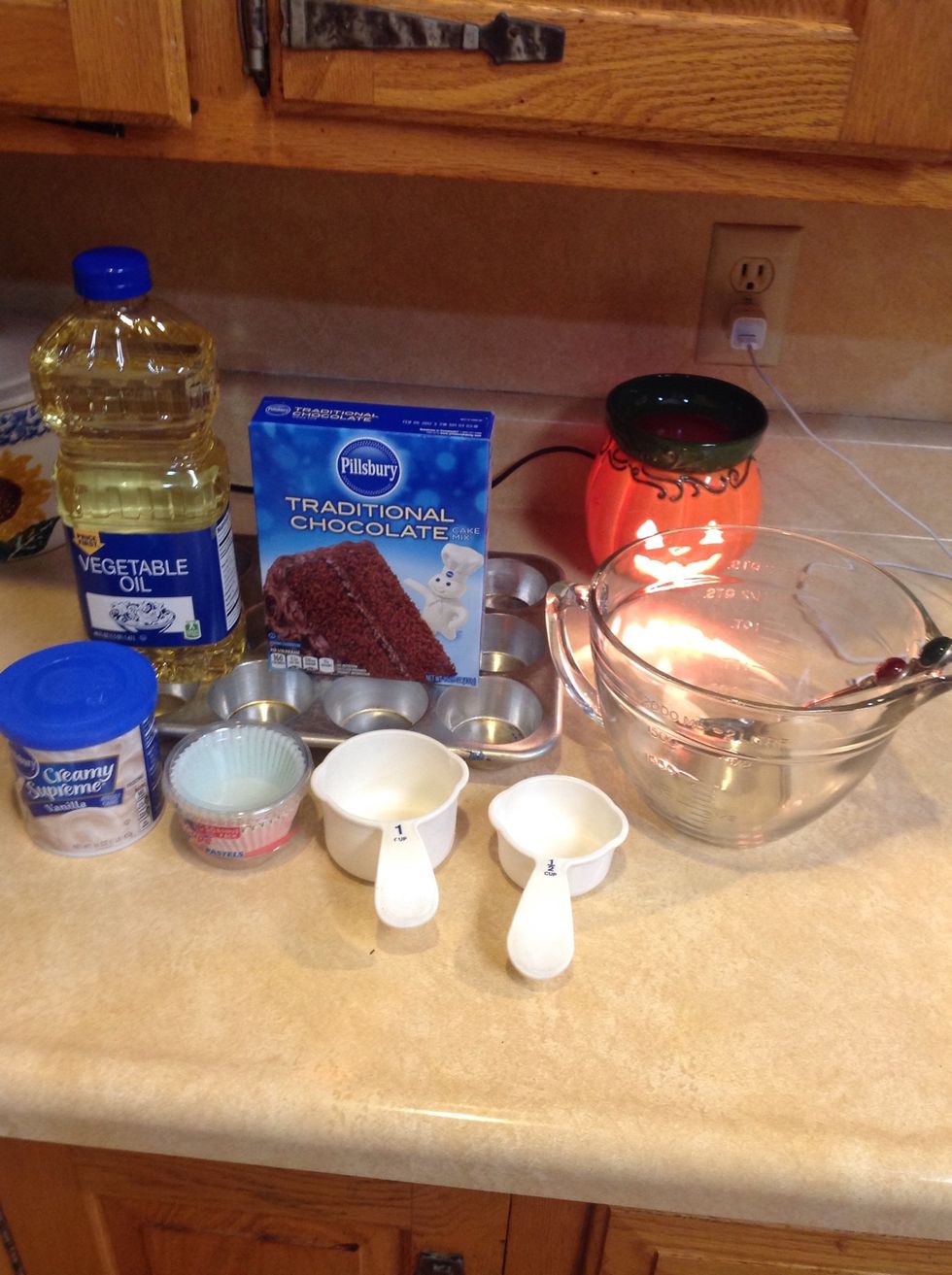 These are are the things you will need. Bowl, Spoon ,1 cup,1/2 cup ,Oil, Cupcake mix, Frosting, Cupcake pan ,Cupcake holders and eggs.