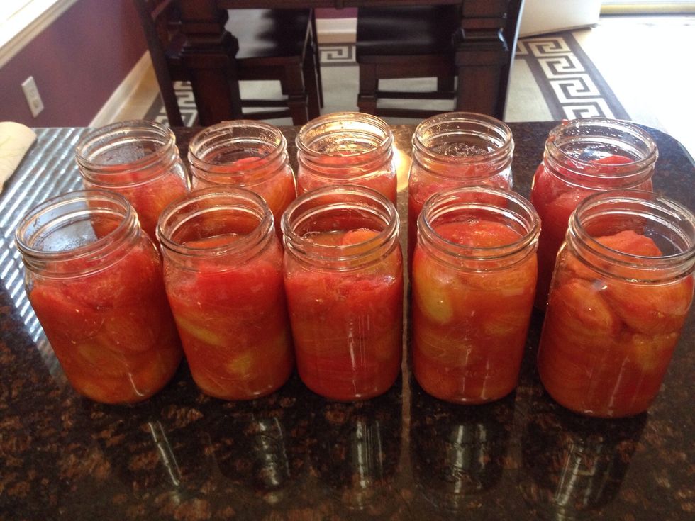 These are filled enough. Add any of the tomato juices from bowl to fill in gaps. If you have air pockets in jars, stick a clean plastic spoon down into jar to help release the air.