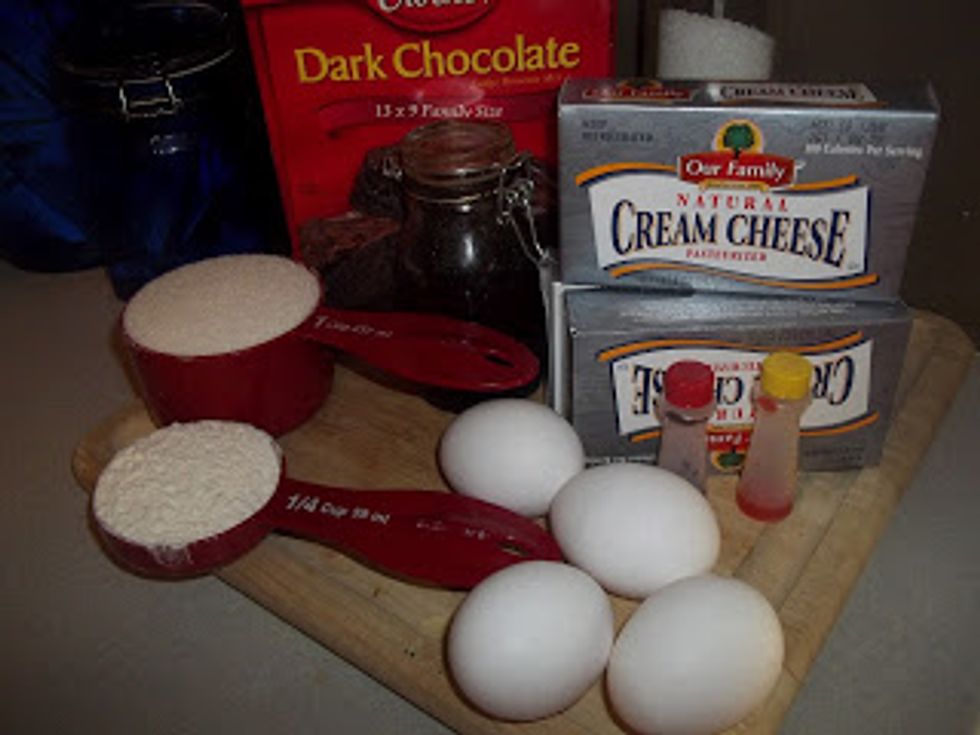 These are how the ingredients may look. You don't have to get the same brownie mix or use the same food coloring colors for the poka-Dots.