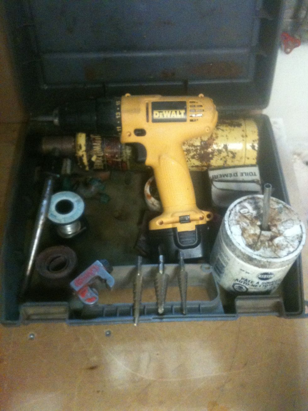 These are most of the tools needed. My soldering kit, a drill, pipe cutter, and step drill bits(for making holes larger in metal).