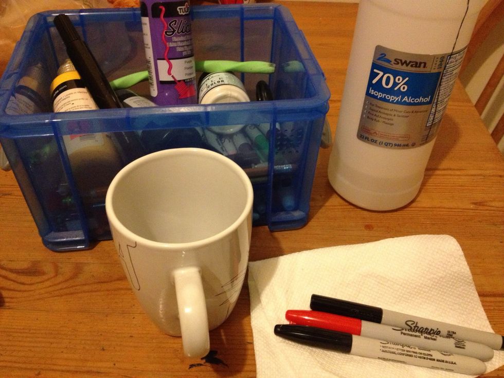 These are my tools. I used the alcohol (many times) to wipe off the marker when it dried. You can use water too.
