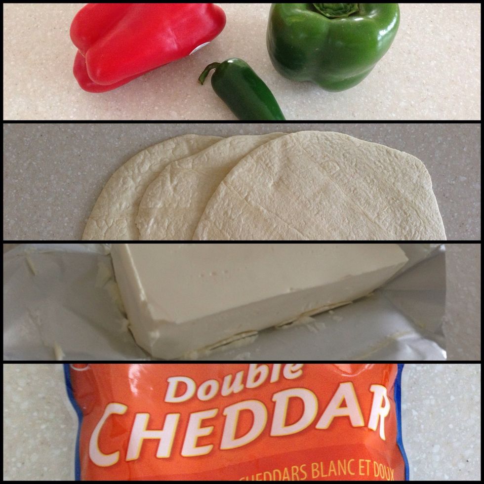 These are our base ingredients. Peppers, tortillas, cream cheese and cheddar cheese I'm lazy so I use pre grated. You can also add green onion, but I find it tastes just as good without.