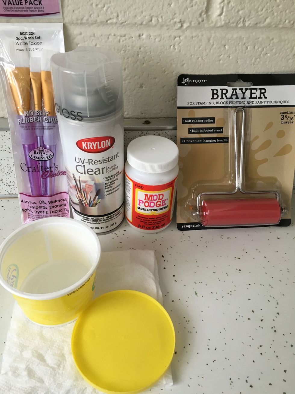 These are some of the supplies I used. Avoid using sable brushes (I used Taklon brushes), as the hairs are not stiff enough to spread the Mod Podge.