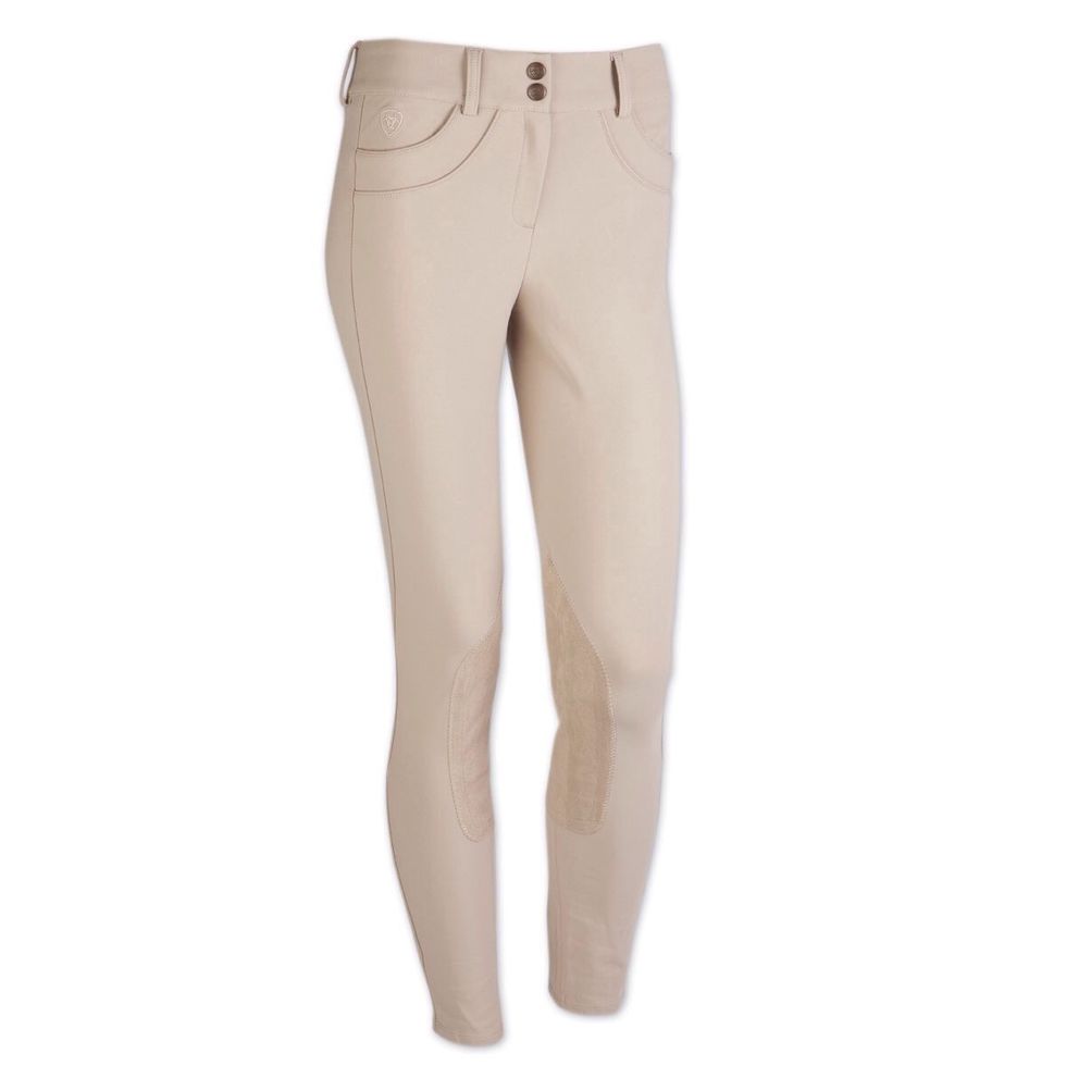 These are the Ariat Olympia Front Zip Low Rise Euro Seat breeches. ALWAYS wear tan/beige breeches with a euro seat. Again, this is what's popular in the show right so I suggest you buy these.