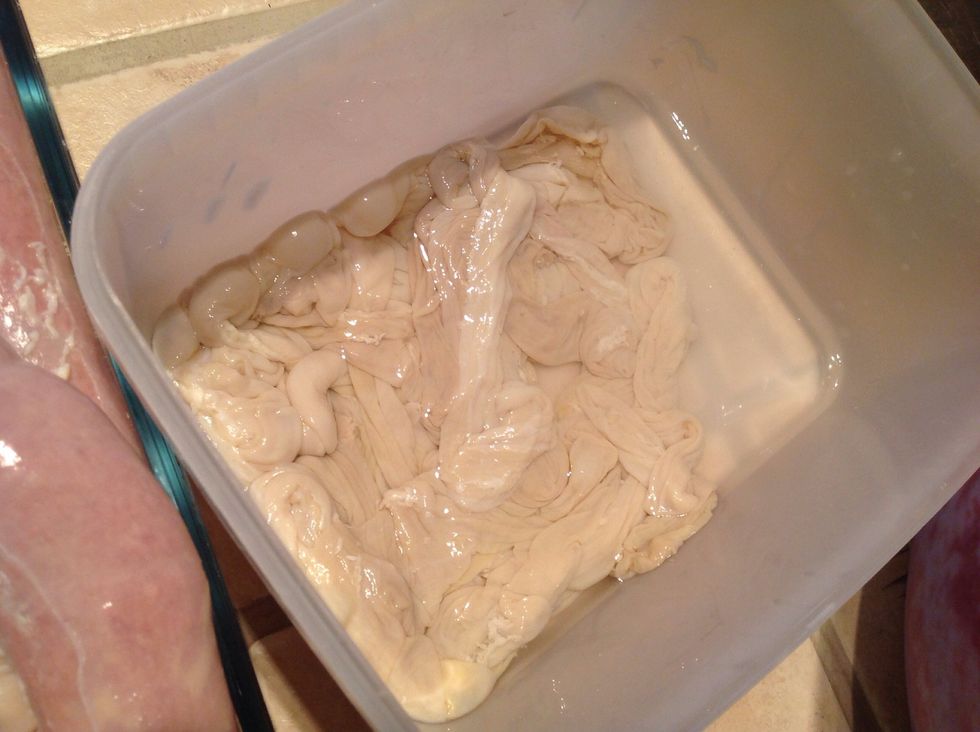 These are the casings, (fj\u00e4lster), which you put the minced meat in. They have to be turned inside out before you use them. You do that with the help of running water.