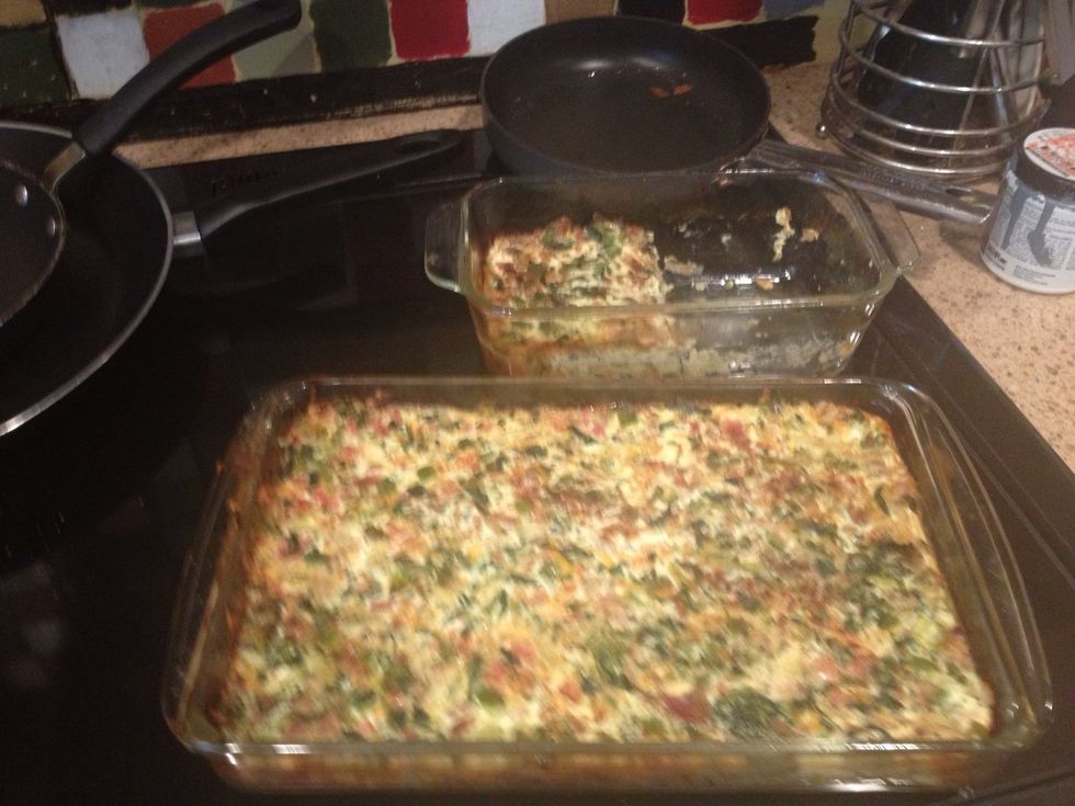 These are the casseroles done after an hour- I cut a piece from the smaller pan.