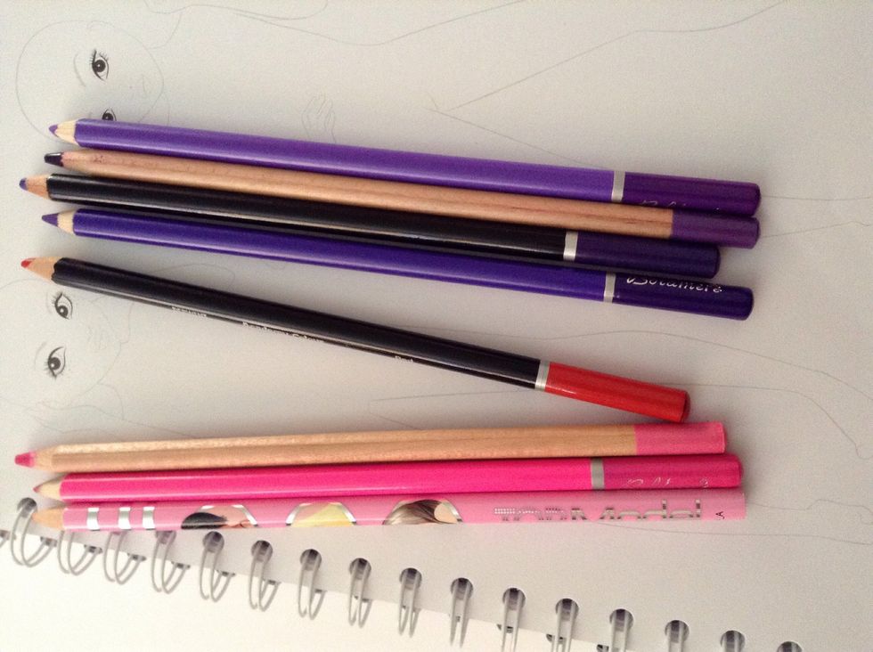 These are the colours I used. As you can see, there are a few different shades of each colour and a red.