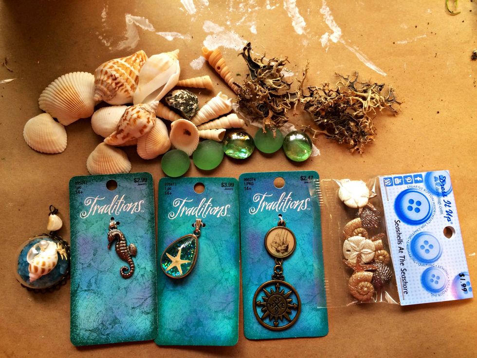 These are the embellishments I chose. I painted the moss Tango and the seashells gesso. I painted the starfish buttons with the tango as well