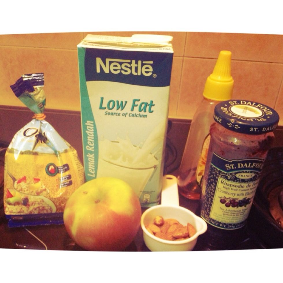 These are the ingredients I used (just whatever I have at home). You can try using different FRUITS & NUTS. You can also substitute MILK with YOGURT (or mix both)
