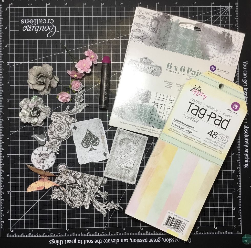 These are the materials you will need to complete the tag. The butterfly was fussy cut from Tales Of You & Me paper and the other fussy cut floral images were cut from the 6x6 Salvage District paper.