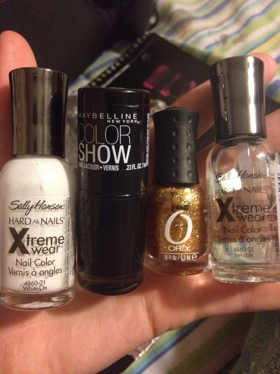These are the polishes I picked. The gold and while can be switched for different colors, depending on what look you're looking for.