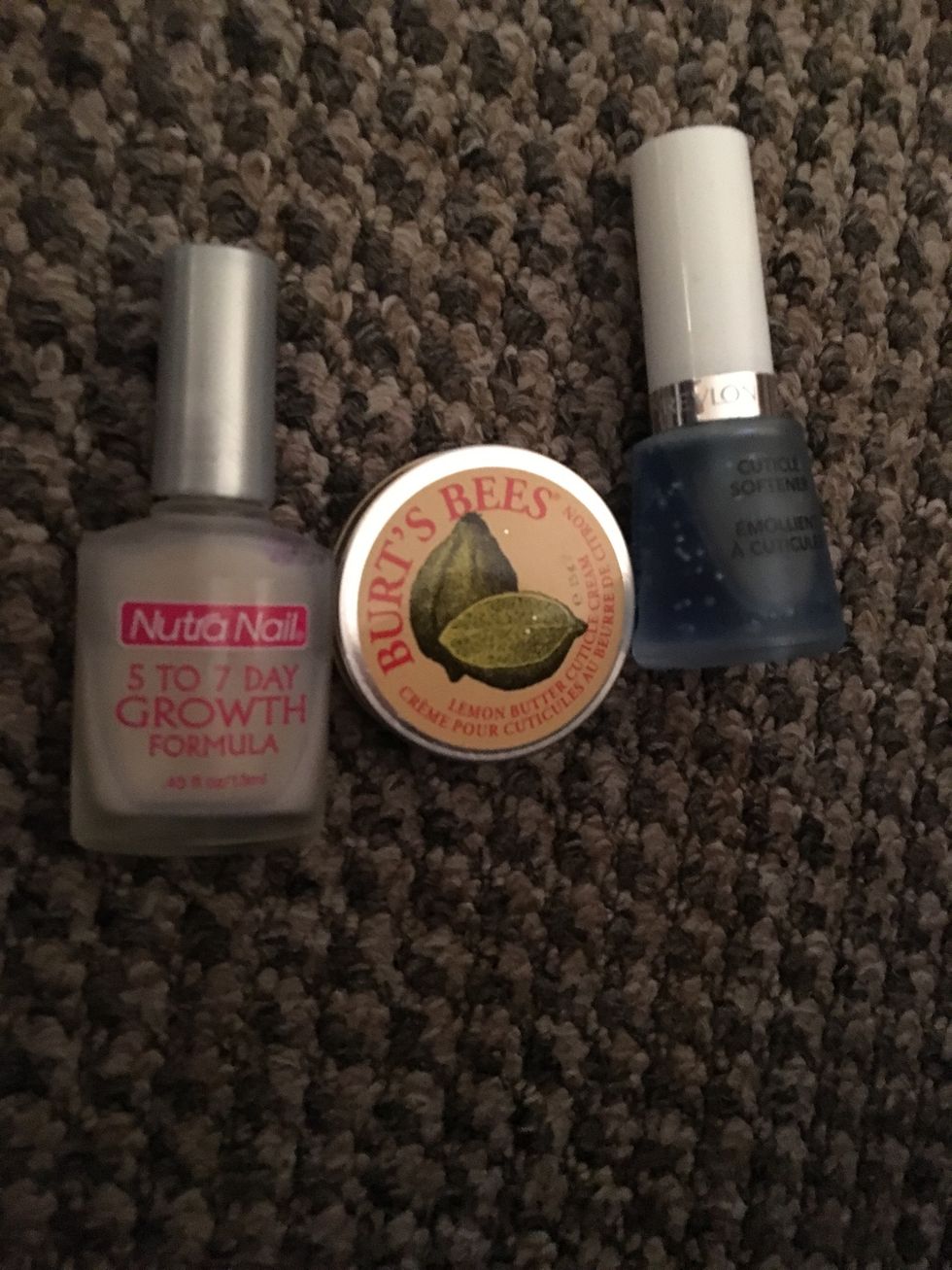 These are the products I have been using for my nail care routine.  1. Apply the cuticle softener and push back cuticles 2. Massage in some cuticle cream 3. Paint on a thick layer of the growth serum