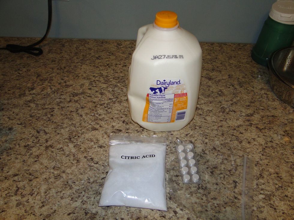 These are the supplies, I used 4 liters of milk,citric acid and rennet tablets .
