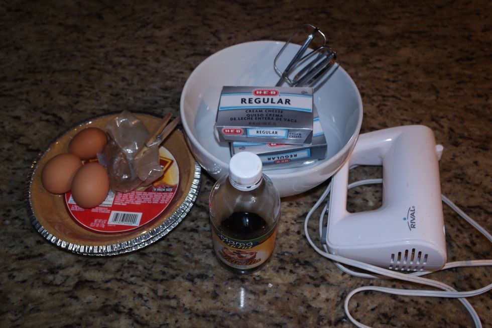 These are the supplies/materials you will be using to bake a cheesecake. All materials you will be using are listed. They don't have to be the exact brand I used & that is shown in the photo.