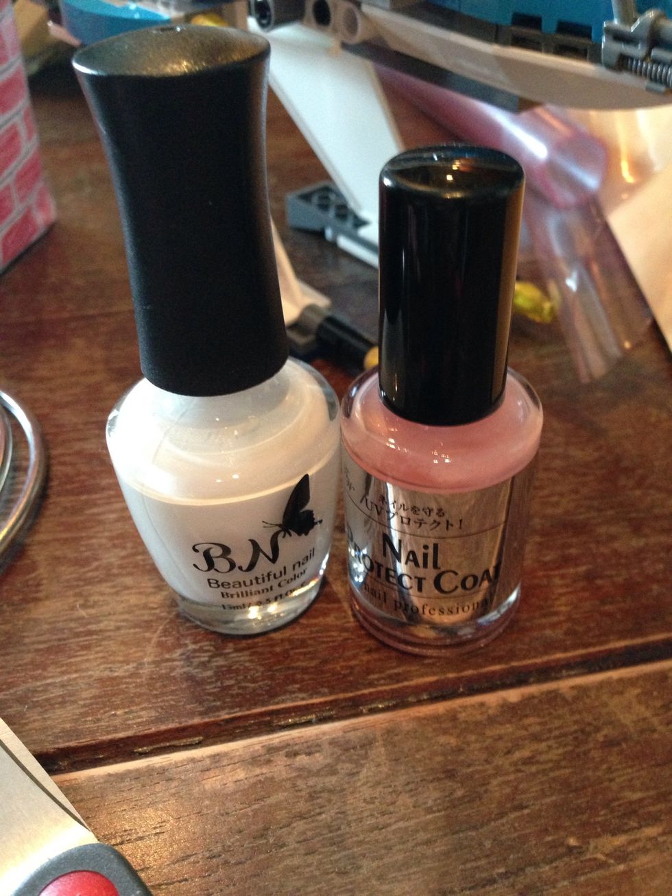 These are what i use. Beautiful Nail white nail polish from claire's . Pale pink Nail protect coat from Japan.