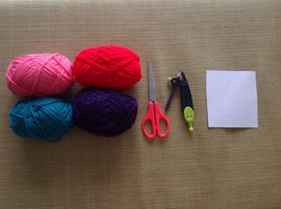 These are what you will need: some yarn, a good pair of scissors, a compass, and some hard paper (ones that you can tear)