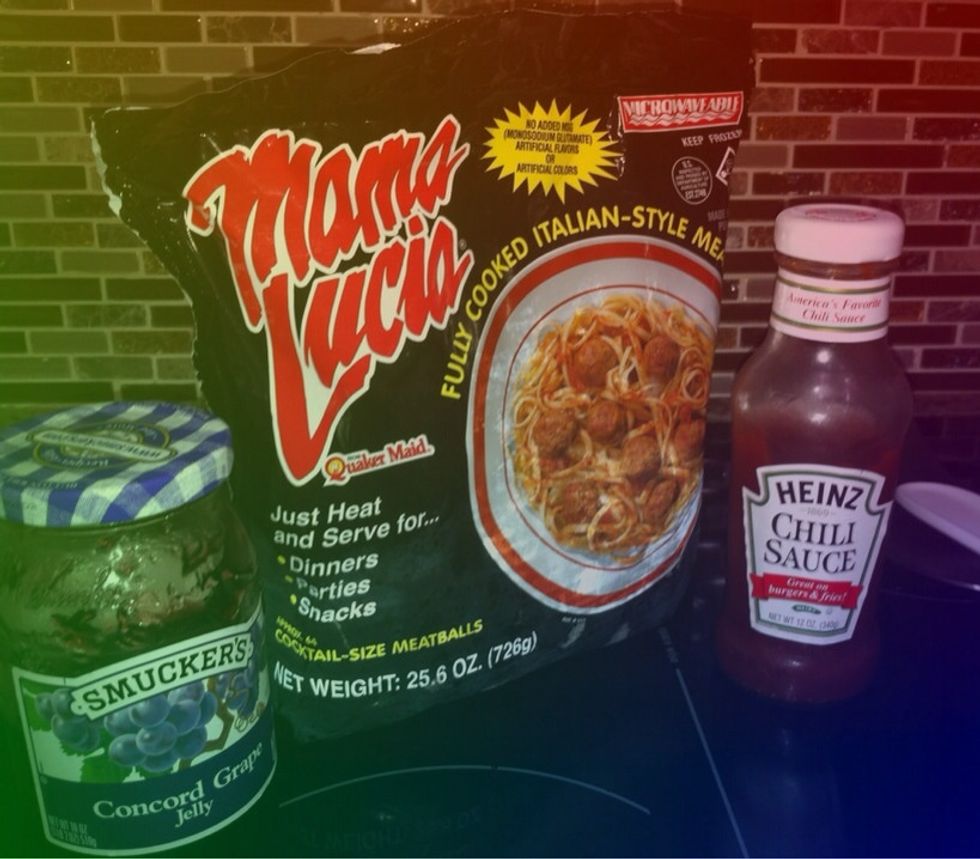 These are your 3 ingredients. I know you might be grossed out by the thought of mixing chili sauce and grape jelly, but I promise, these meatballs are delicious!