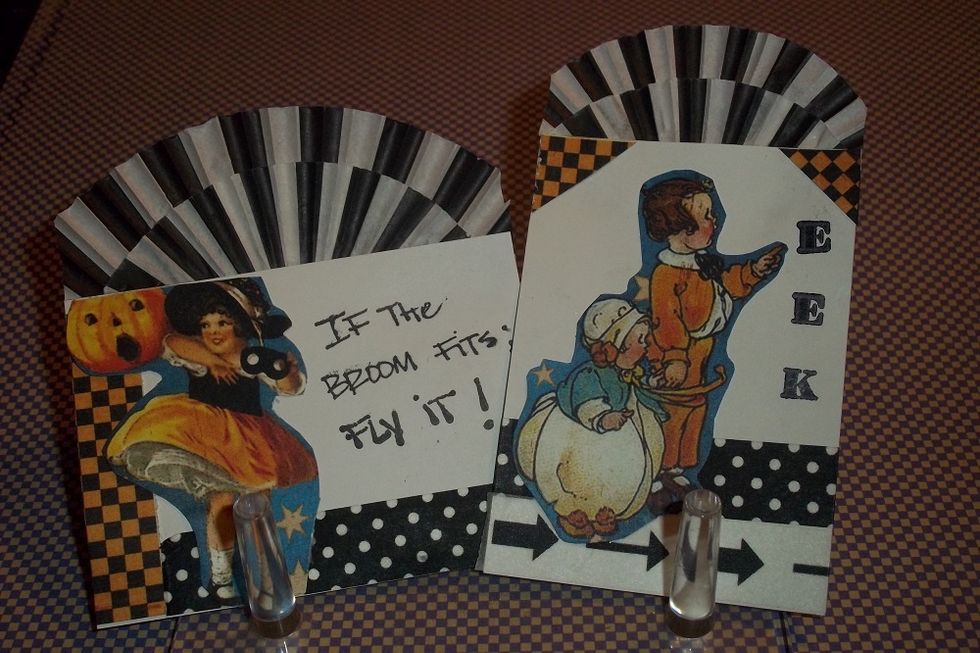 These cards use the cupcake cups cut in half & sliced open to fan out. Rubber stamped or hand letter. Note how little scraps become the corners & backgrounds. Used 1 sml & 1 lg cupcake cup each.