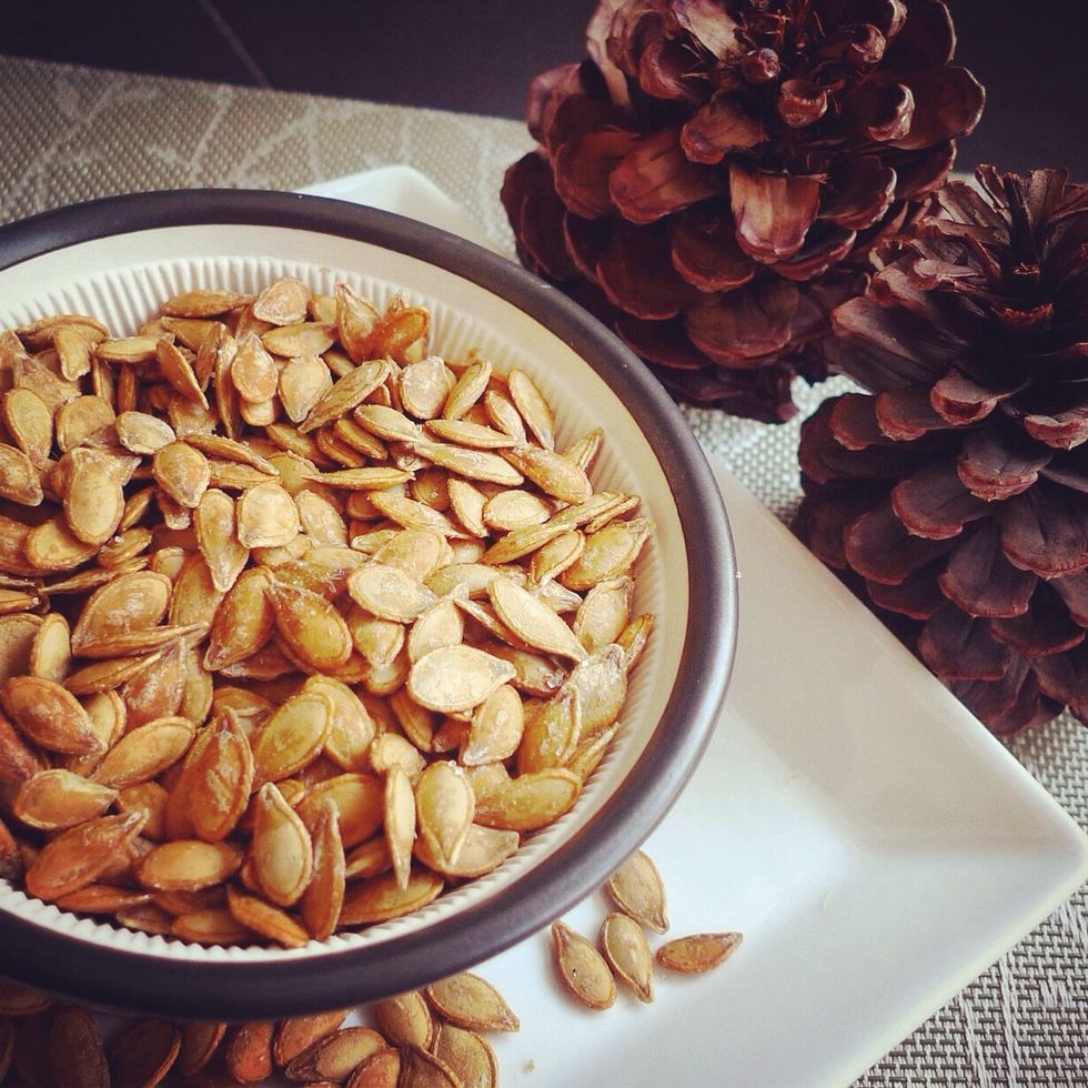 These crispy toasted pumpkin seeds make such a delicious healthy fall snack. For more details please access http://www.huangkitchen.com/crispy-toasted-pumpkin-seeds.