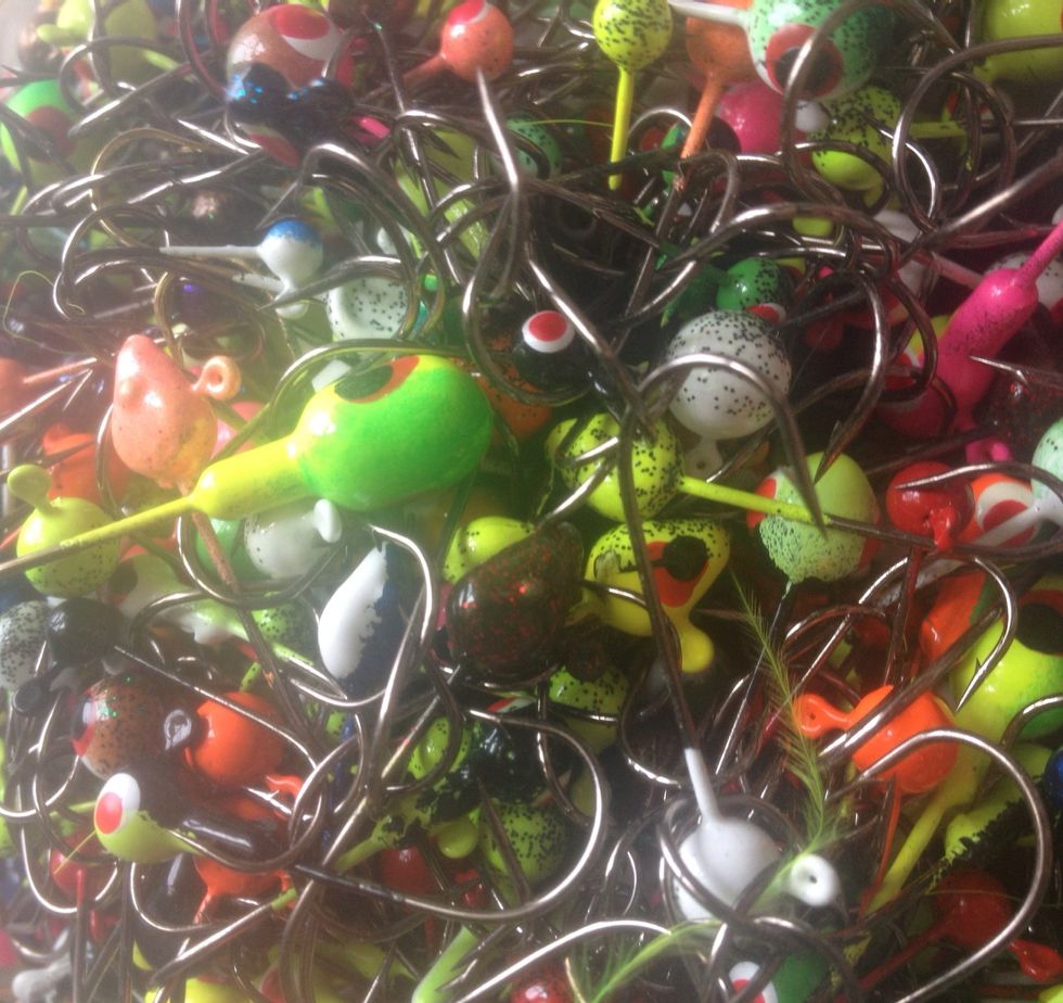 These next 3 pictures will show you many colors of the basic 3 items for making a jig. Here are the jigheads.