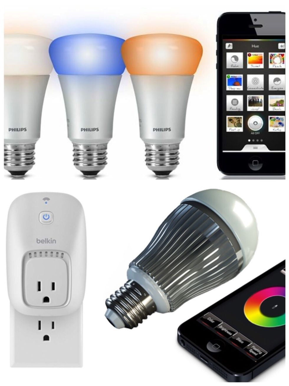 These options will set you back at least 30 to 40 dollars per light bulb or plug. On top you'll always have to have your phone close by to adjust the lights.