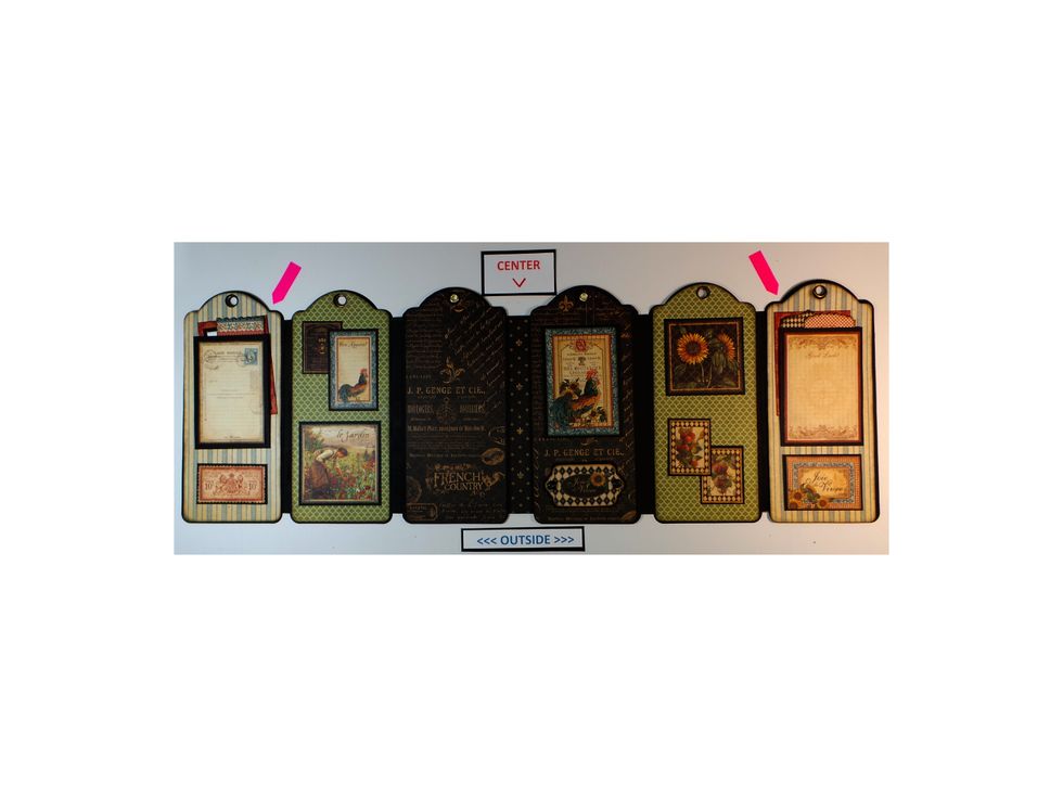 These tags complete the OUTSIDE of the album and go on the ends (red arrows). Use Scor-Tape or preferred adhesive to attach.