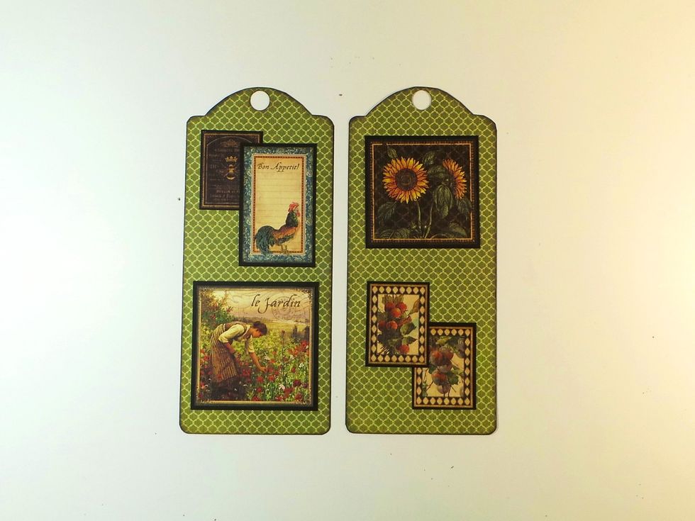 These tags consist only of decorative elements backed with black chipboard.