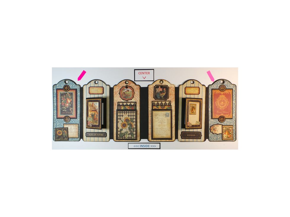 These two tags complete the INSIDE and go on the end positions (red arrows). Use Scor-Tape or preferred adhesive to attach tags to mini-album.